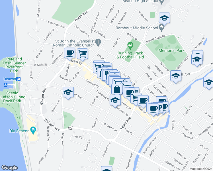 map of restaurants, bars, coffee shops, grocery stores, and more near 7-9 South Cedar Street in Beacon