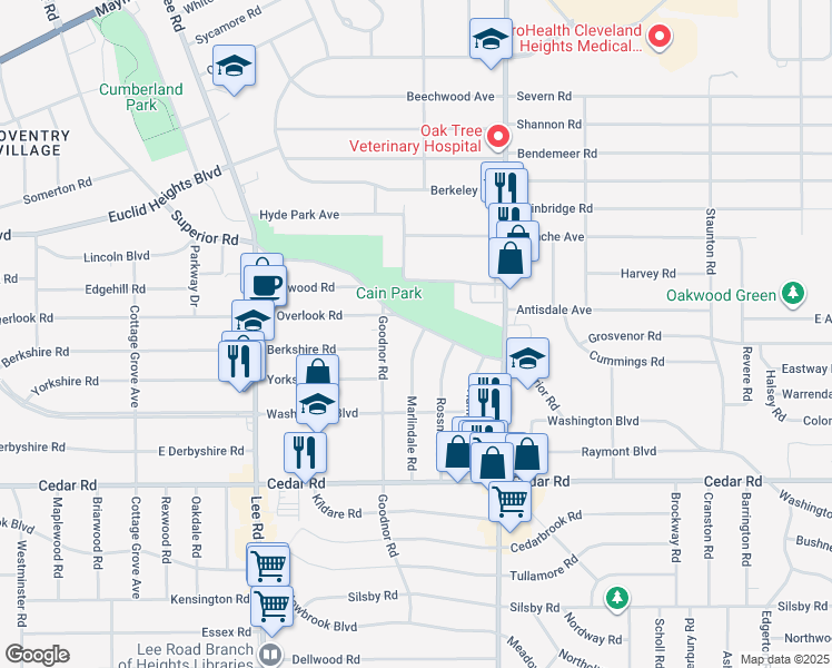 map of restaurants, bars, coffee shops, grocery stores, and more near 2008 Marlindale Road in Cleveland Heights
