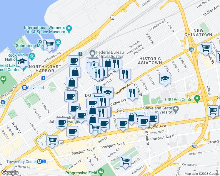 map of restaurants, bars, coffee shops, grocery stores, and more near 1415 Superior Avenue in Cleveland