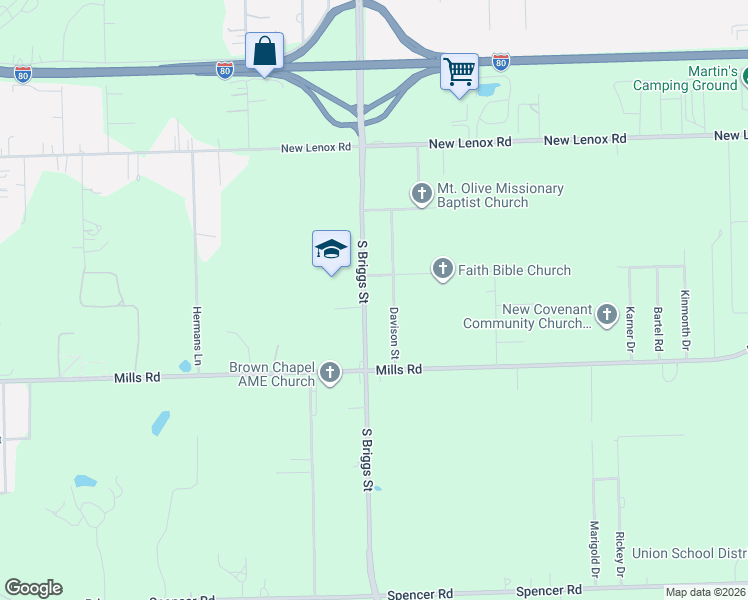 map of restaurants, bars, coffee shops, grocery stores, and more near 1523 Mills Road in Joliet