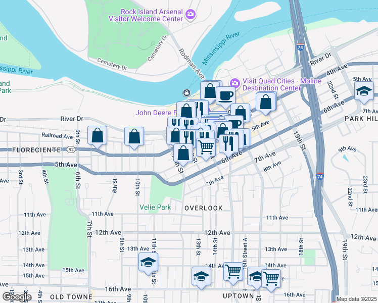map of restaurants, bars, coffee shops, grocery stores, and more near 1230 5th Avenue in Moline