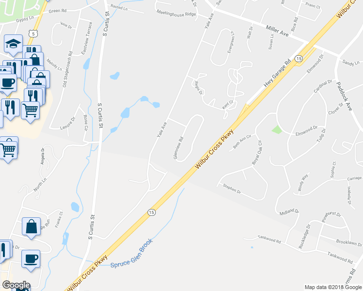 map of restaurants, bars, coffee shops, grocery stores, and more near 46 Glenview Road in Meriden