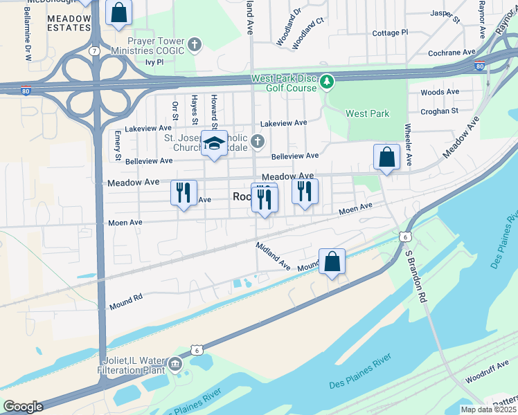 map of restaurants, bars, coffee shops, grocery stores, and more near 600 Moen Avenue in Rockdale