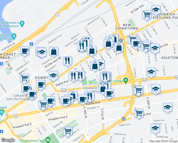 map of restaurants, bars, coffee shops, grocery stores, and more near 2009 Payne Avenue in Cleveland