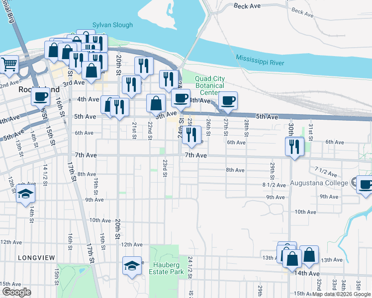 map of restaurants, bars, coffee shops, grocery stores, and more near 2403 7th Avenue in Rock Island