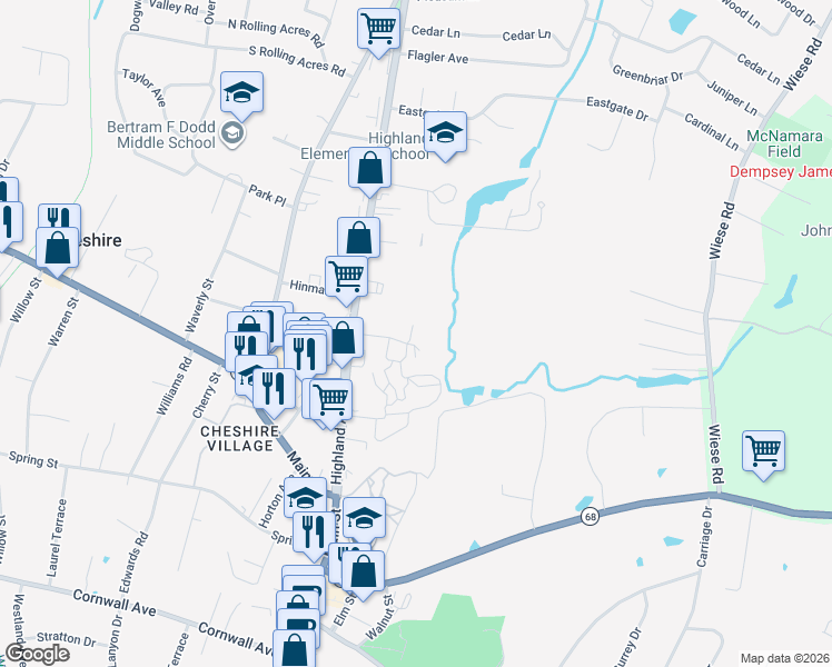 map of restaurants, bars, coffee shops, grocery stores, and more near 369 East Mitchell Avenue in Cheshire