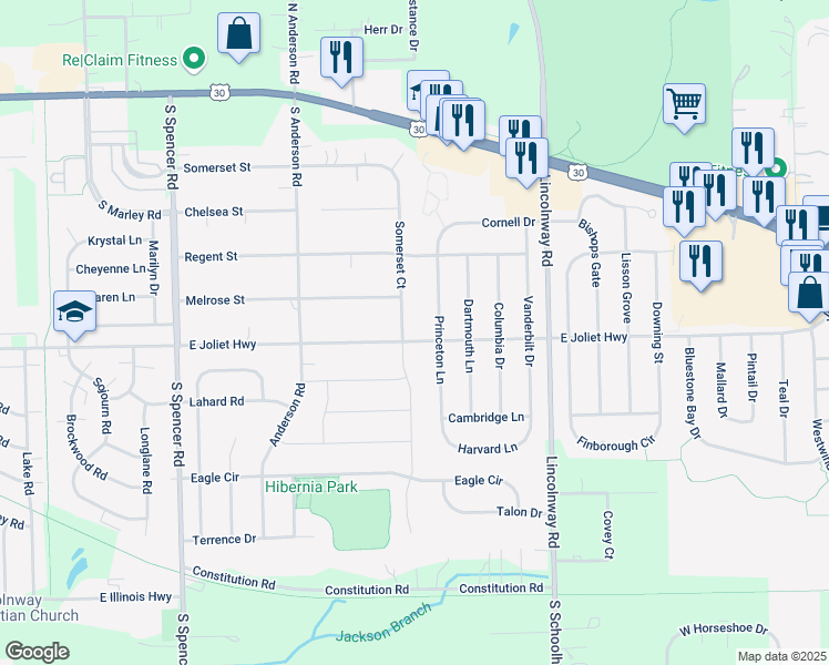 map of restaurants, bars, coffee shops, grocery stores, and more near 711 Princeton Lane in New Lenox