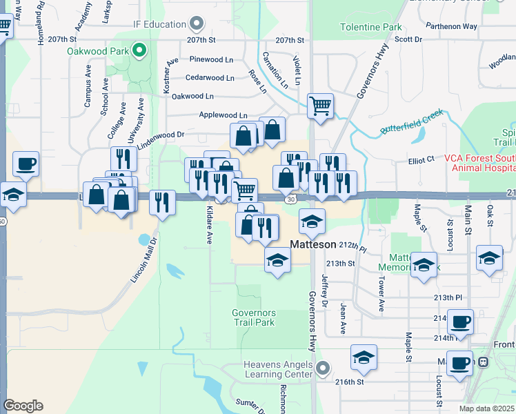 map of restaurants, bars, coffee shops, grocery stores, and more near 4055 Lincoln Hwy in Matteson