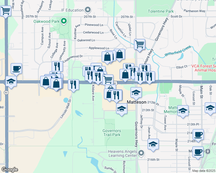 map of restaurants, bars, coffee shops, grocery stores, and more near 4055 Lincoln Hwy in Matteson