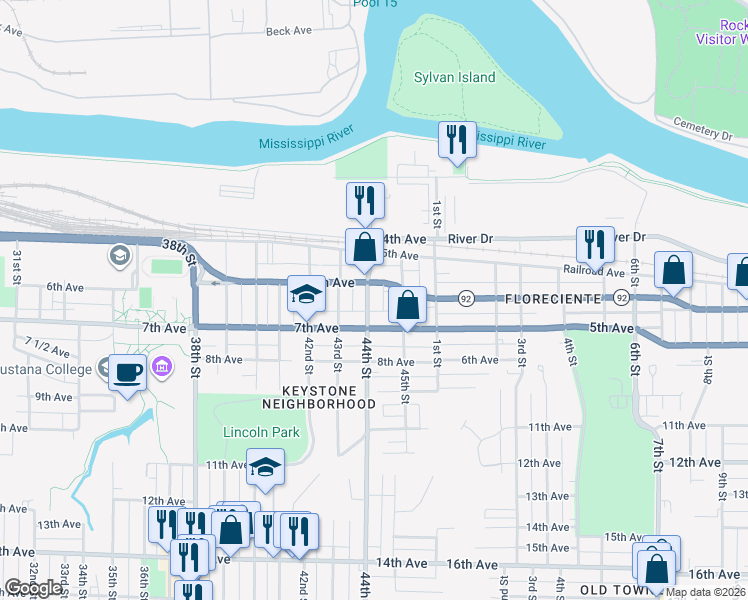 map of restaurants, bars, coffee shops, grocery stores, and more near 615 44th Street in Rock Island