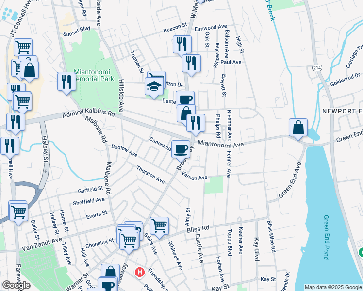 map of restaurants, bars, coffee shops, grocery stores, and more near 3 Rowland Road in Newport
