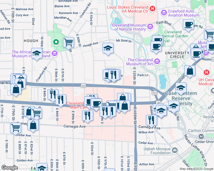 map of restaurants, bars, coffee shops, grocery stores, and more near 9751 Chester Avenue in Cleveland