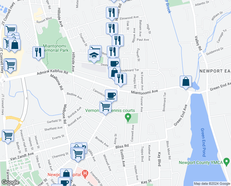 map of restaurants, bars, coffee shops, grocery stores, and more near 526 Broadway in Newport