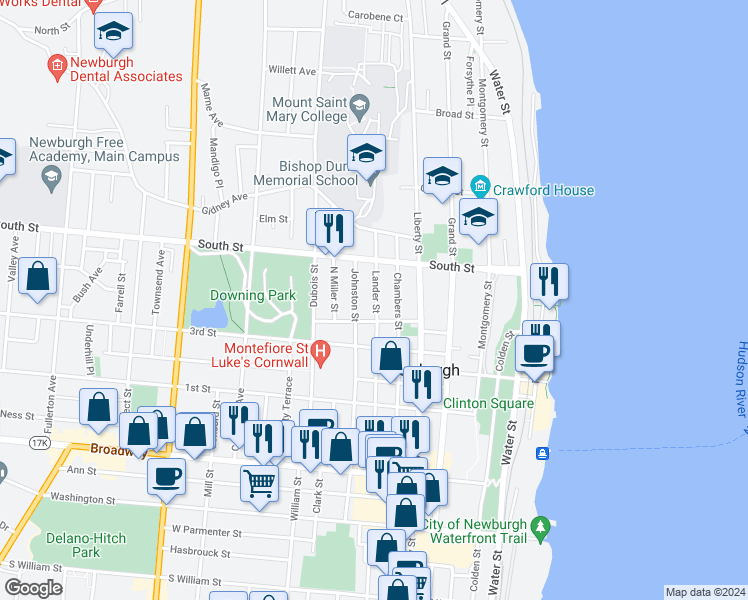 map of restaurants, bars, coffee shops, grocery stores, and more near 142 Lander Street in Newburgh