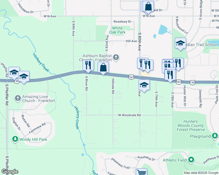 map of restaurants, bars, coffee shops, grocery stores, and more near 21146 Hillside Road in Frankfort