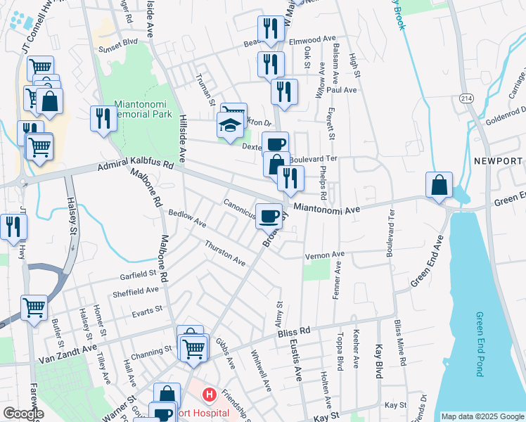 map of restaurants, bars, coffee shops, grocery stores, and more near 2 Rowland Road in Newport