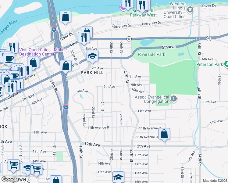 map of restaurants, bars, coffee shops, grocery stores, and more near 914 25th Street in Moline