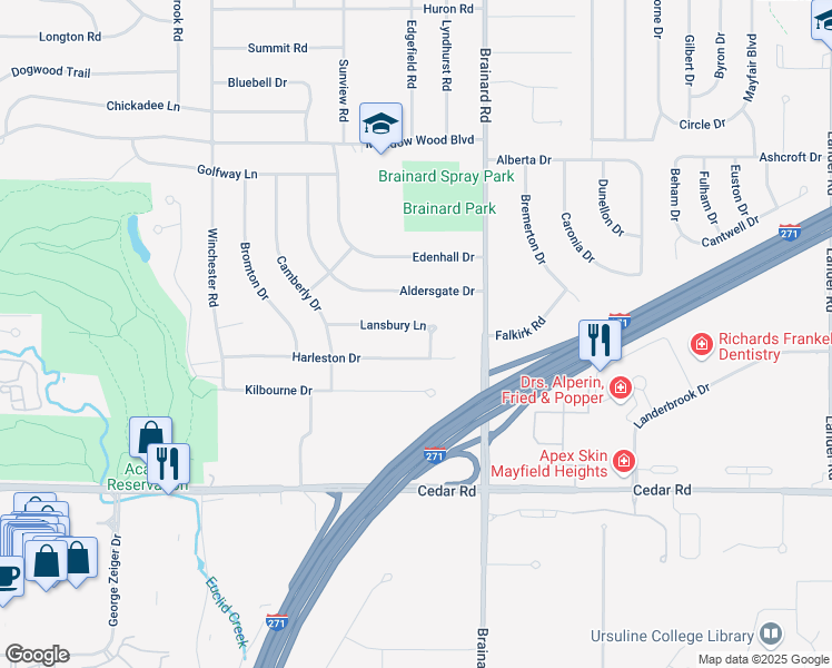 map of restaurants, bars, coffee shops, grocery stores, and more near 5537 Harleston Drive in Lyndhurst