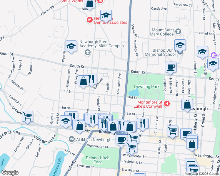 map of restaurants, bars, coffee shops, grocery stores, and more near 344 3rd Street in Newburgh