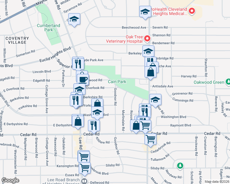 map of restaurants, bars, coffee shops, grocery stores, and more near 3318 Berkshire Road in Cleveland Heights