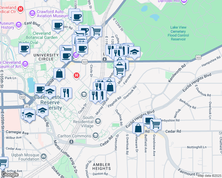 map of restaurants, bars, coffee shops, grocery stores, and more near 2154 Murray Hill Road in Cleveland