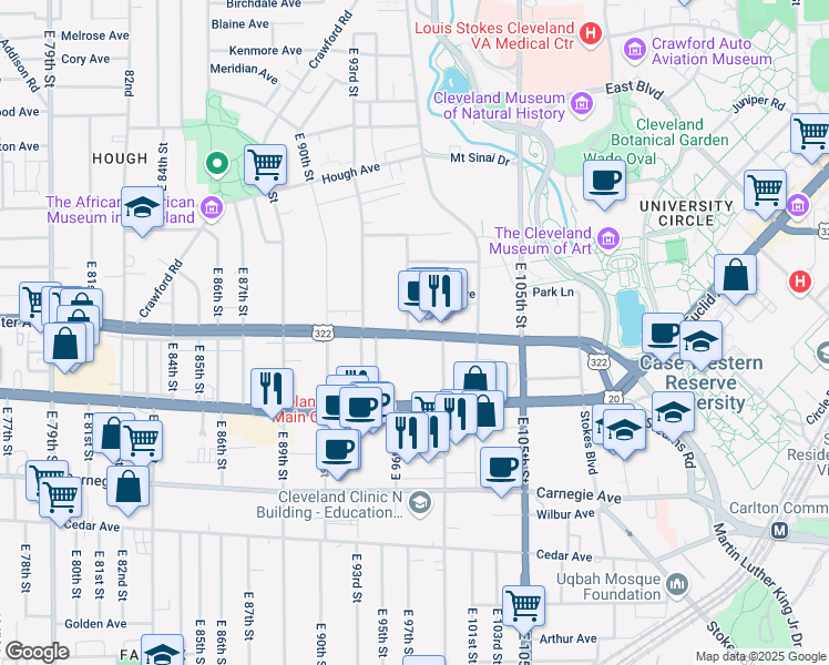 map of restaurants, bars, coffee shops, grocery stores, and more near 1945 E 97th St in Cleveland