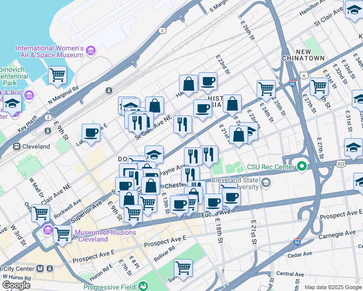 map of restaurants, bars, coffee shops, grocery stores, and more near 1550 Superior Avenue in Cleveland
