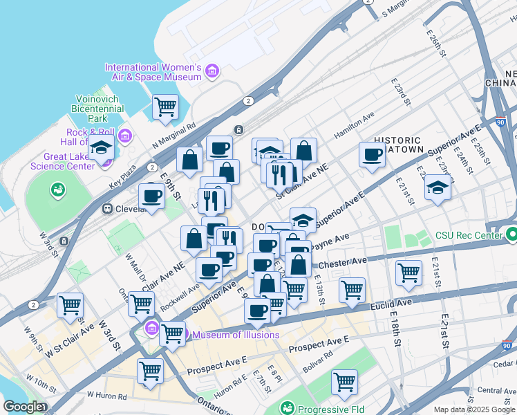 map of restaurants, bars, coffee shops, grocery stores, and more near in Cleveland