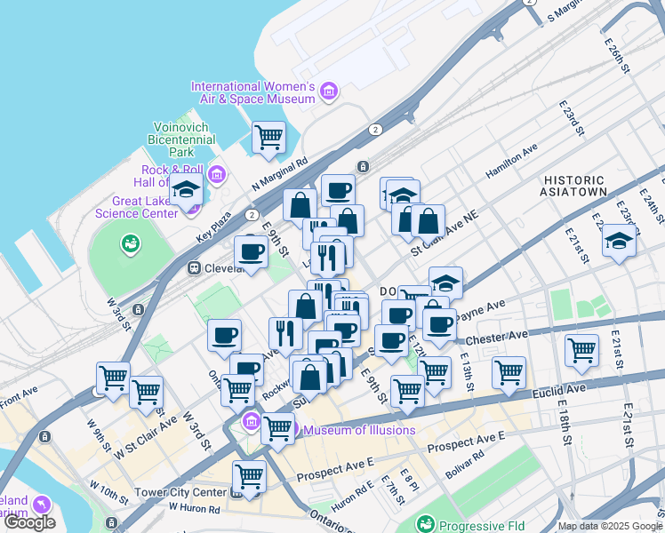 map of restaurants, bars, coffee shops, grocery stores, and more near 1121e East 10th Street in Cleveland