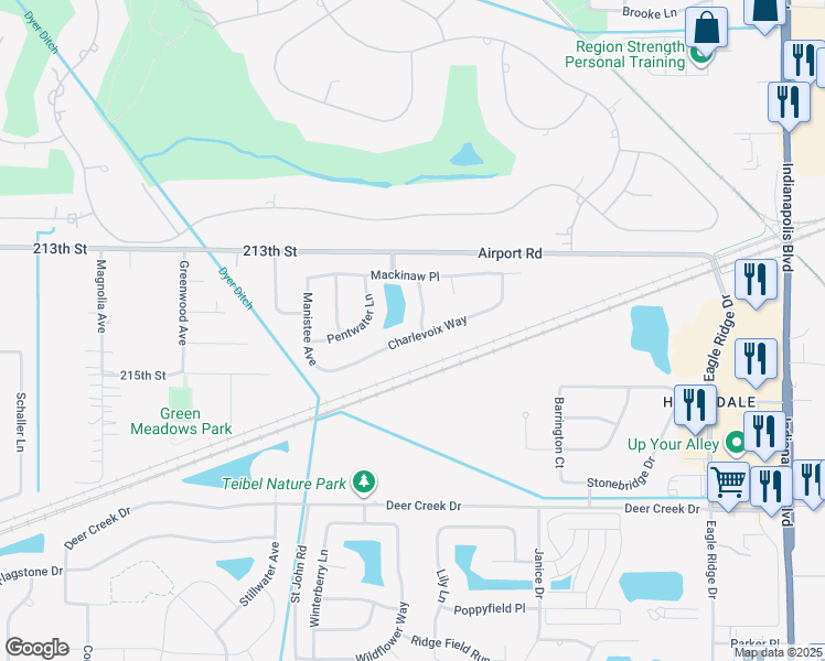 map of restaurants, bars, coffee shops, grocery stores, and more near 1407 Charlevoix Way in Schererville