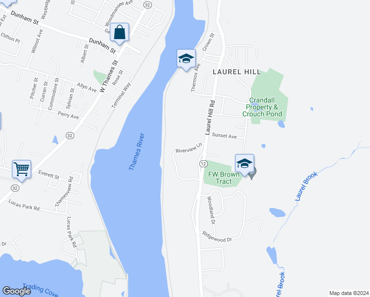 map of restaurants, bars, coffee shops, grocery stores, and more near 13 Riverview Lane in Norwich