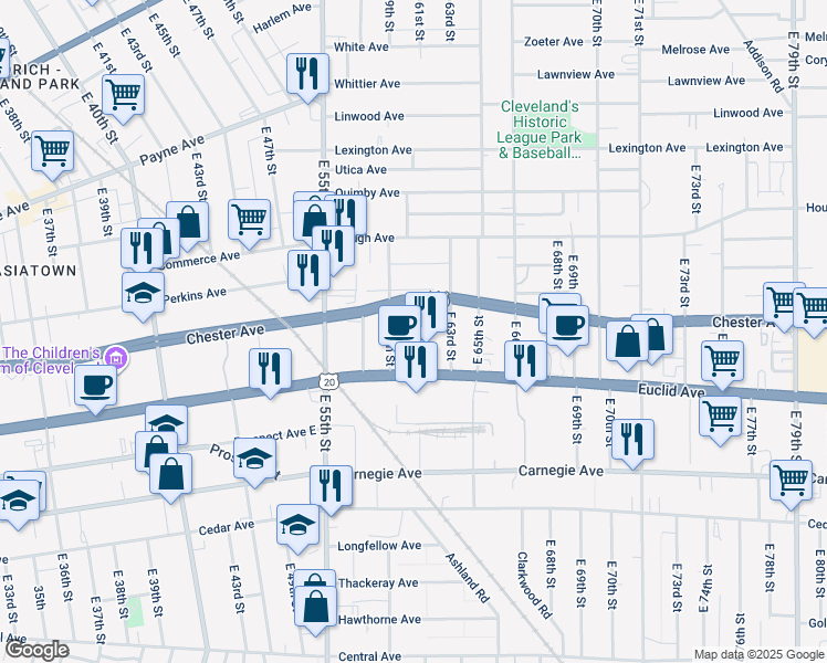 map of restaurants, bars, coffee shops, grocery stores, and more near 1974 East 61st Street in Cleveland