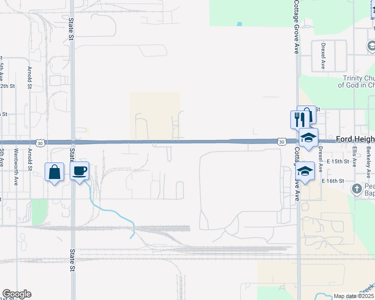map of restaurants, bars, coffee shops, grocery stores, and more near 600 East 14th Street in Chicago Heights