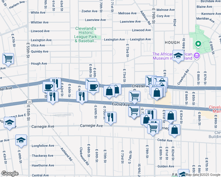 map of restaurants, bars, coffee shops, grocery stores, and more near 7001 Euclid Avenue in Cleveland