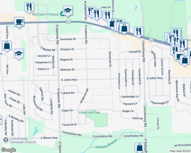 map of restaurants, bars, coffee shops, grocery stores, and more near 924 East Joliet Highway in New Lenox