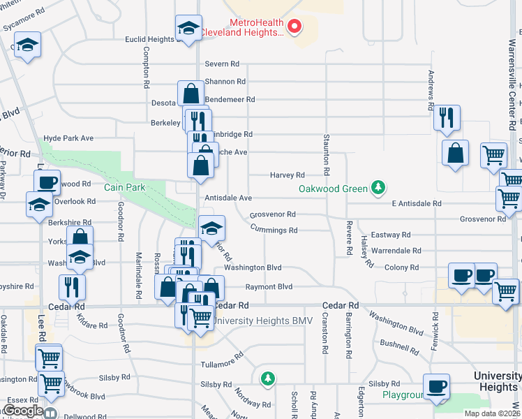 map of restaurants, bars, coffee shops, grocery stores, and more near 3563 Grosvenor Road in Cleveland Heights
