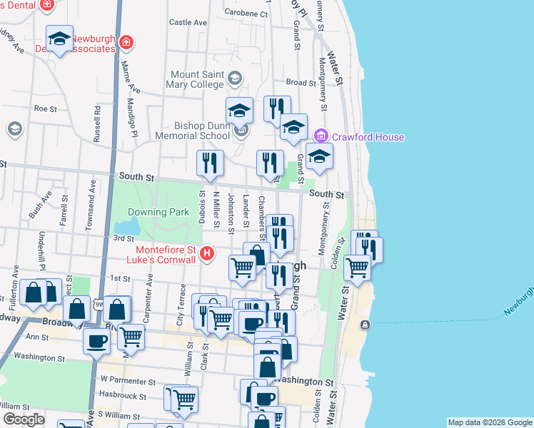 map of restaurants, bars, coffee shops, grocery stores, and more near 142 Chambers Street in Newburgh