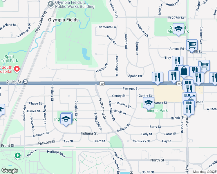 map of restaurants, bars, coffee shops, grocery stores, and more near 338 Farragut Street in Park Forest