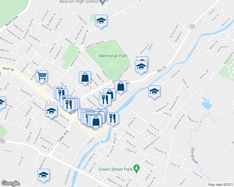 map of restaurants, bars, coffee shops, grocery stores, and more near 4 Hanna Lane in Beacon
