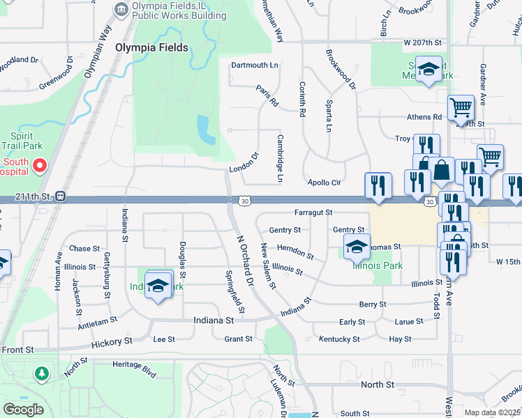 map of restaurants, bars, coffee shops, grocery stores, and more near 338 Farragut Street in Park Forest