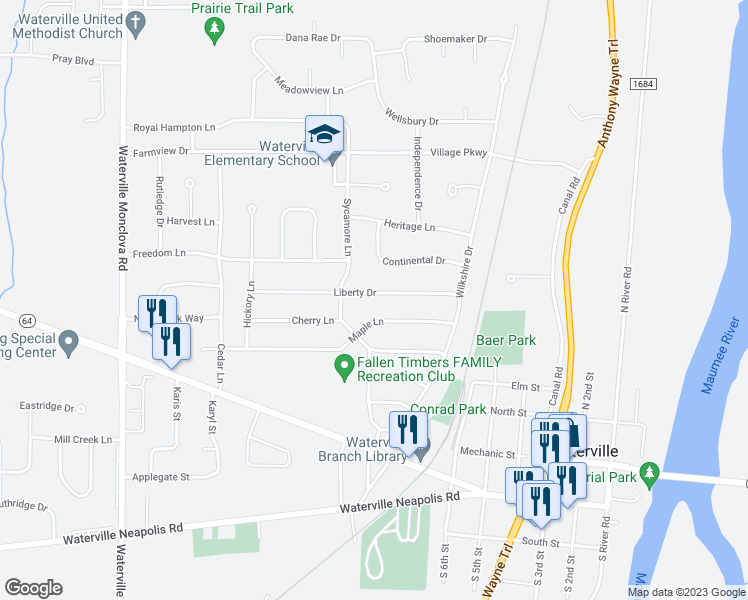 map of restaurants, bars, coffee shops, grocery stores, and more near 839 Liberty Drive in Waterville