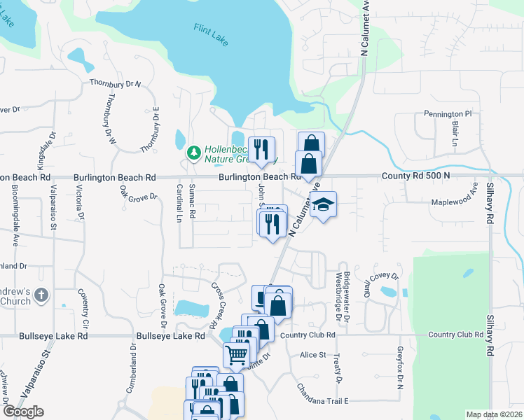 map of restaurants, bars, coffee shops, grocery stores, and more near 4104 John Street in Valparaiso