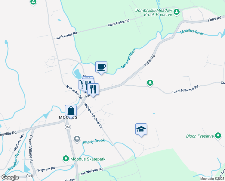 map of restaurants, bars, coffee shops, grocery stores, and more near 44 Falls Road in East Haddam