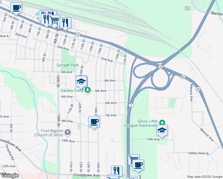 map of restaurants, bars, coffee shops, grocery stores, and more near 402 16th Street in Silvis