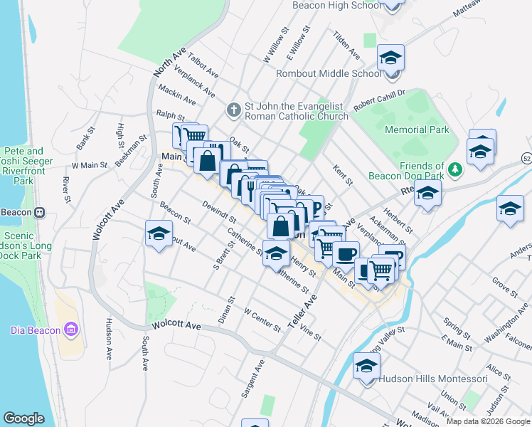 map of restaurants, bars, coffee shops, grocery stores, and more near 286 Main Street in Beacon