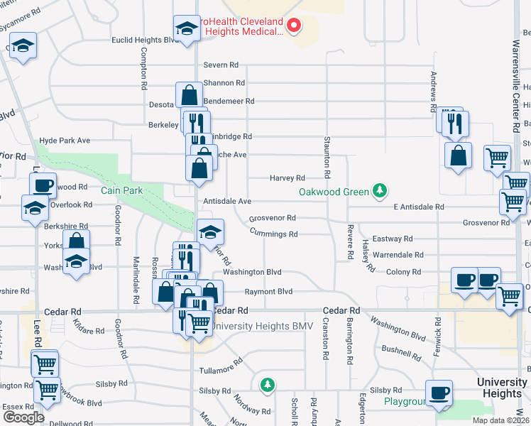 map of restaurants, bars, coffee shops, grocery stores, and more near 3559 Antisdale Avenue in Cleveland Heights