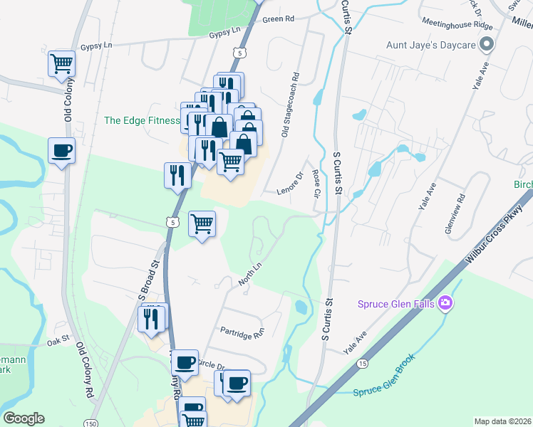map of restaurants, bars, coffee shops, grocery stores, and more near 19 Lenore Drive in Meriden
