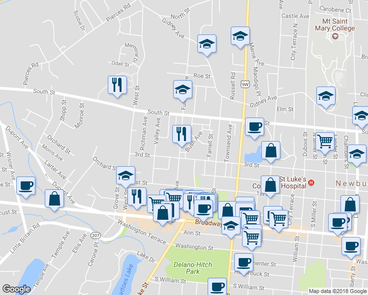 map of restaurants, bars, coffee shops, grocery stores, and more near 11 Bush Avenue in Newburgh