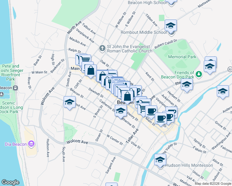 map of restaurants, bars, coffee shops, grocery stores, and more near 37 Church Street in Beacon