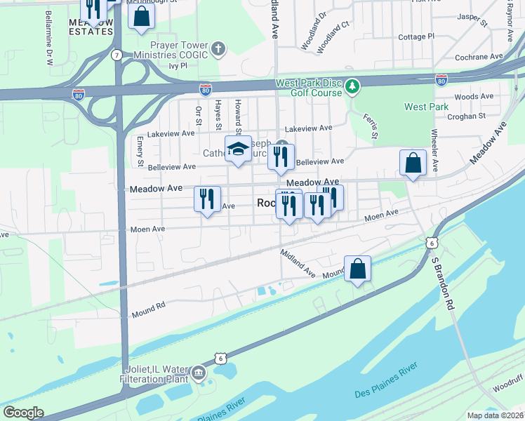 map of restaurants, bars, coffee shops, grocery stores, and more near 618 Otis Avenue in Joliet